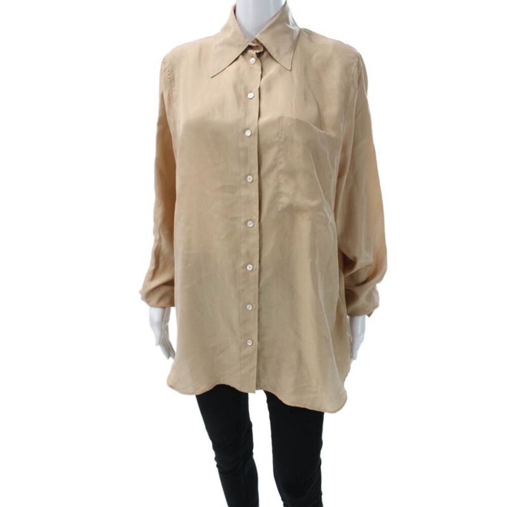 QL2 Women Silk Collared Long Sleeve Button-Up Tunic Beige Size 42